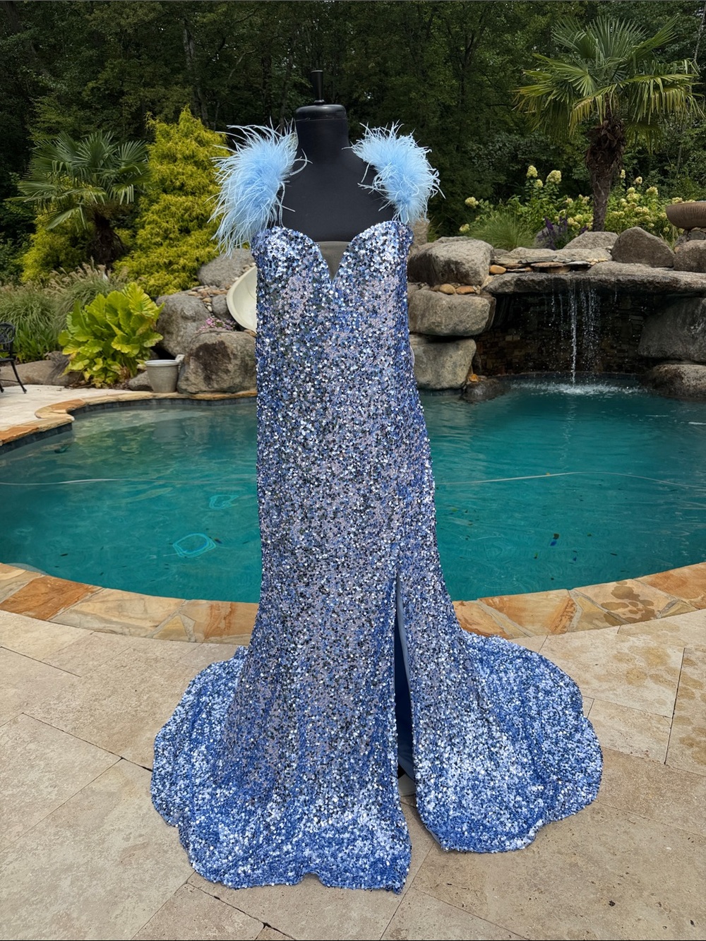 Light Blue Sequin Strapless Evening Gown with Feathered Straps